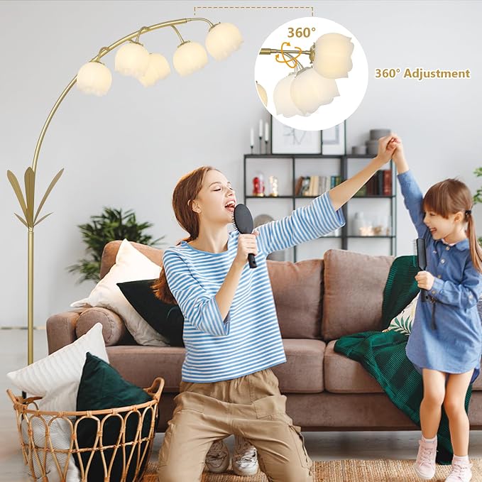 HMVPL Gold Floor Lamp for Living Room, Flower Floor Lamp with 5 G9 LED Bulbs, Foot Switch, Arc Tall Lamp with Acrylic Shade, Marble Base, Mid Century Standing Lamp for Living Room Corner Bedroom Home