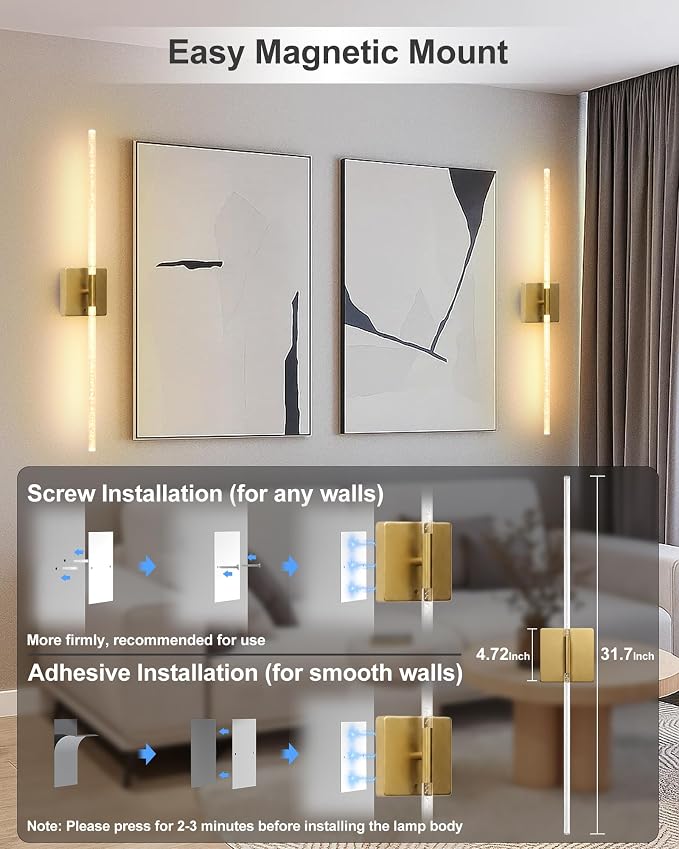 Wall Sconce Set of 2: Gold Rechargeable Wireless Magnetic Install, Crystal | 10000mAh Battery Operated, 360° Rotatable Wall Light,4CCT Dimmable LED Scone Lighting for Living Room Bedroom. 31.7in