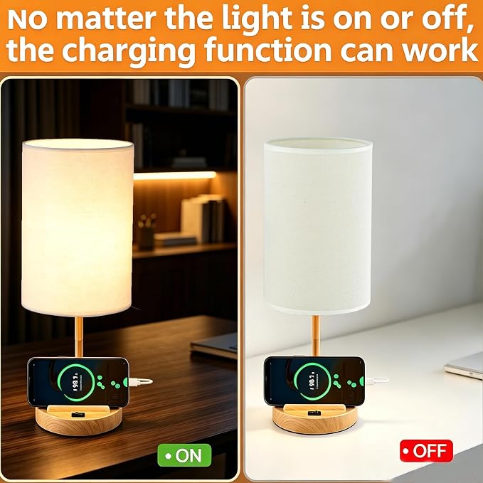 Dreamholder 2 Pack Table Lamp, Bedside Lamp with 3 USB Charging Ports & AC Outlet, USB Desk Lamp with 2 Phone Holders, Linen Fabric Shade Nightstand Lamps for Bedroom Living Room Office, Woodgrain