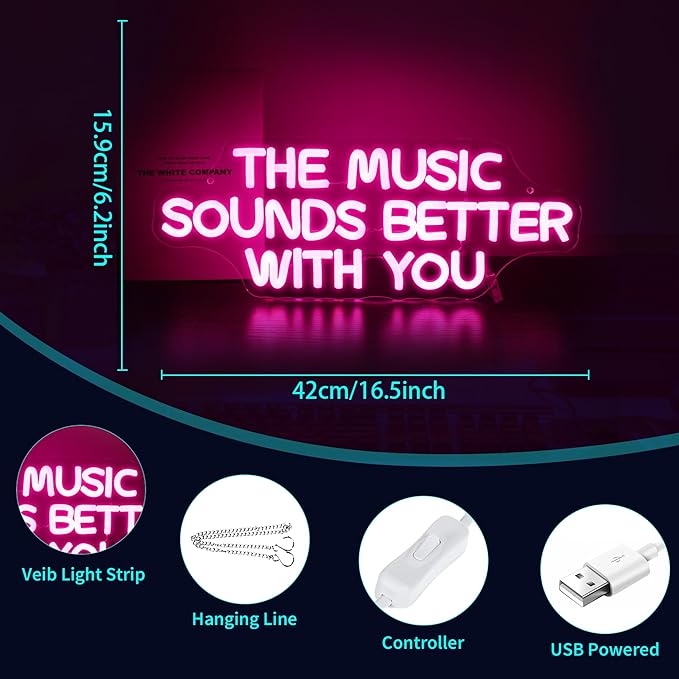 Neon Sign, HSJNJKFU Pink Neon Signs for Wall Decor, Music LED Signs for Party Bedroom Party Birthday Homw Decor, Bar Beer Signs for Man Cave - USB Powered