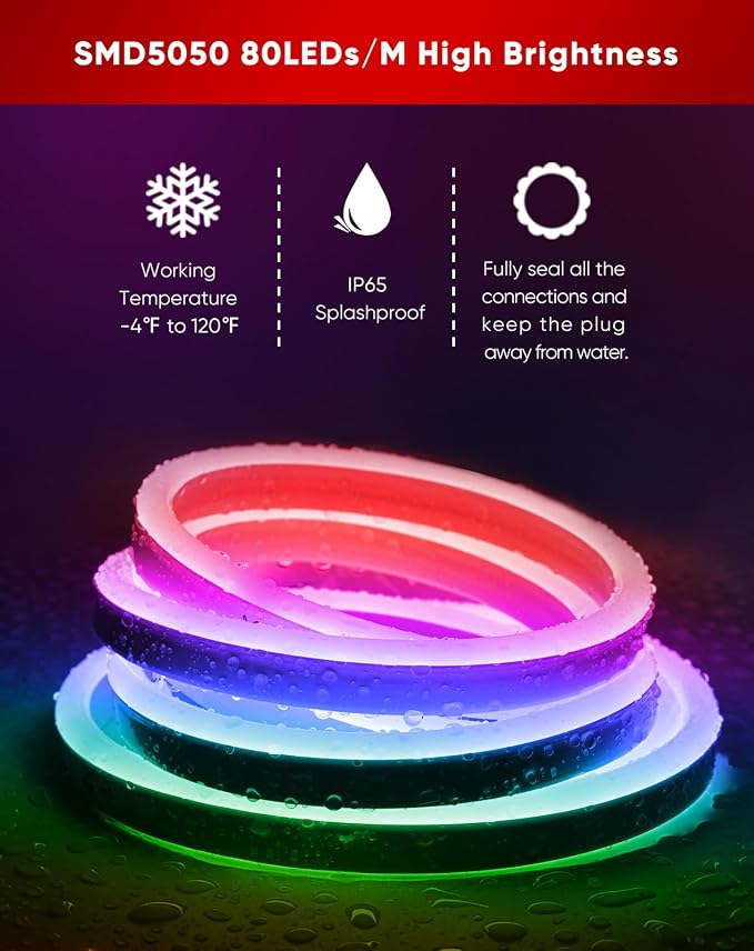 LED RGB Neon Rope Lights AC 120V, Expandable & Cuttable Bright Strip Lighting with Remote, Dimmable Color Changing, ETL Cold-Resistant & IP65 Waterproof for in&Outdoor, 10x20mm, 50FT