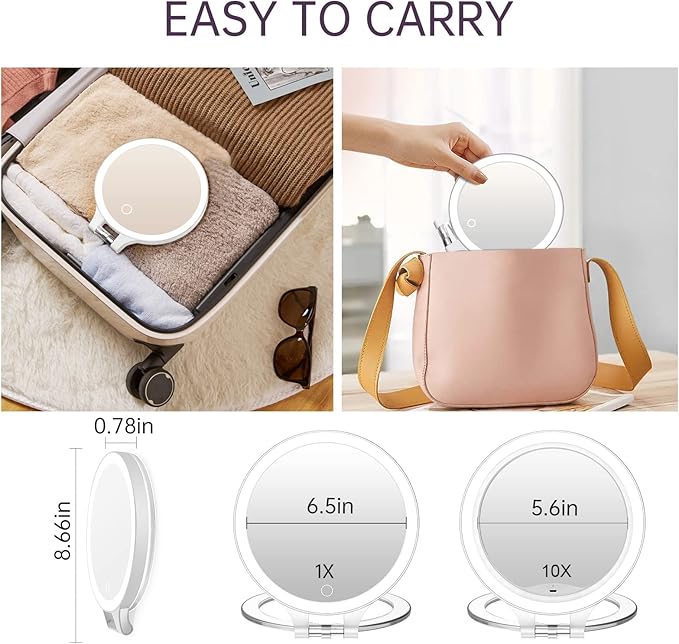 Famihomii Lighted Makeup Mirror, 30X Magnification for Precise Detail & 3 Color Dimmable Lights, Rechargeable Portable Travel Mirror with Long-Lasting 4000mAh Battery for Makeup, Skincare, Eyebrows