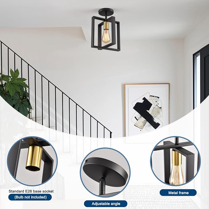 2 Pack Semi Flush Mount Ceiling Light,Black Metal Frame Ceiling Light Fixture with Golden Lamp Cup, Farmhouse Light Fixture for Kitchen Island Entryway Porch Foyer