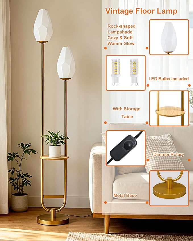 Lightdot 63IN Gold Floor Lamp with Shelf Mid Century Tall Standing Lamps with Rock-Shaped Bulb Included Modern Floor Lamp with 5Lbs Heavy Base for Living Room/Party/Sofa Beside/Corner Decor