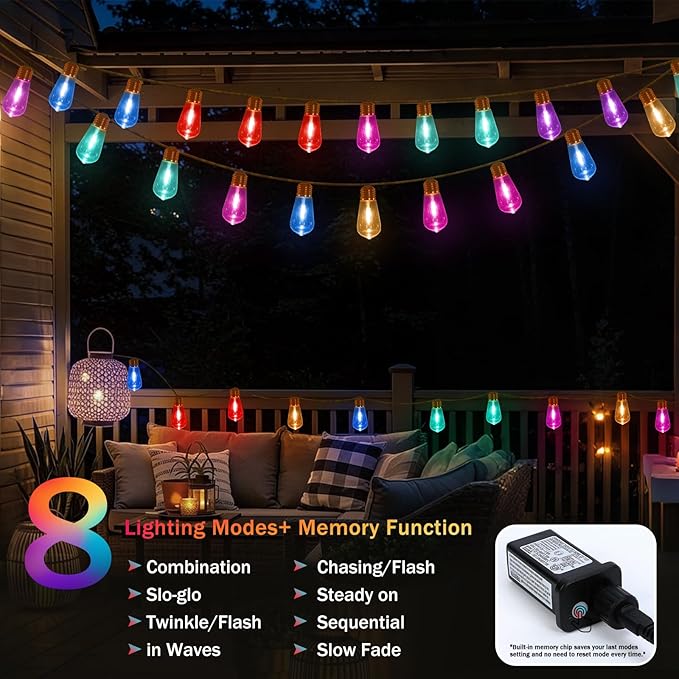 (New) Outdoor String Lights, 8 Modes Colorful LED Patio Lights, 24FT Waterproof Shatterproof Fairy Lights, Hemp Rope Hanging Lights for Garden, Yard, Party, Christmas Decor