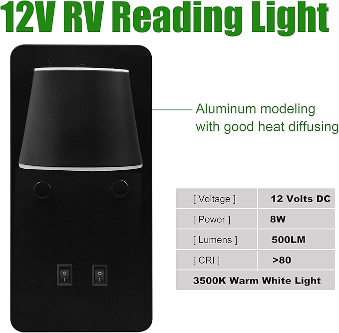 12V RV LED Bedside Reading Light with Night Light Version and Independent Switch, 350° Rotatable RV Vanity Wall Sconce, 12Volt RV Interior Lights for RV Camper Trailer Motorhome