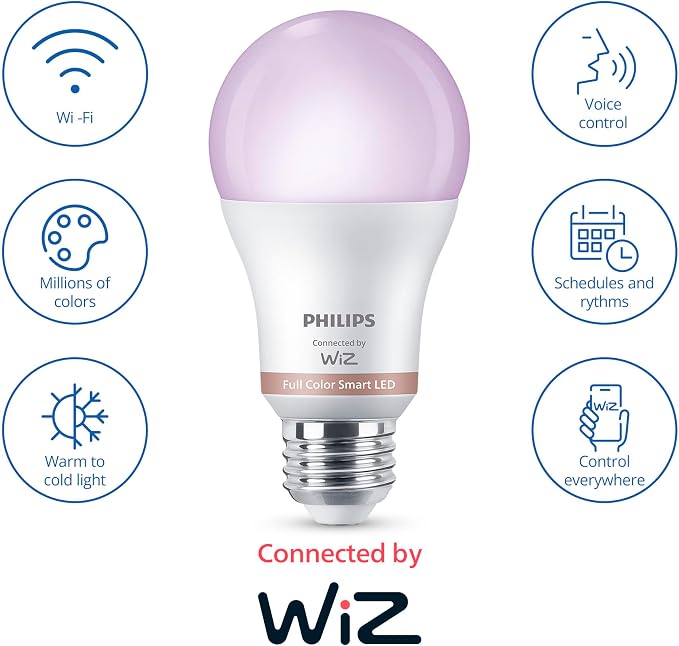 PHILIPS Smart Lighting Connected Light Bulbs, 4-Pack, Color A19 60W 800LM E26 Indoor LED Lights, Smart Bulbs with Motion Detection, Control with Voice or App