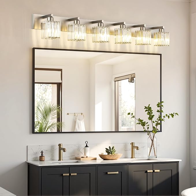 Aipsun Brushed Nickel Bathroom Light Fixtures 6 Light Vanity Lighting Fixture Crystal Modern Bathroom Vanity Light (Exclude Bulb)