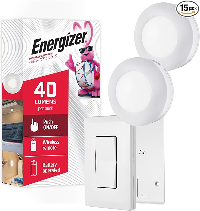 Energizer LED Puck Lights, Wall Switch Remote, Battery Operated, Under Cabinet Lighting, Wireless Lights, 50 ft Range, Perfect for Kitchen Under Cabinet, Laundry Room, 58822-T1 (Pack of 10)