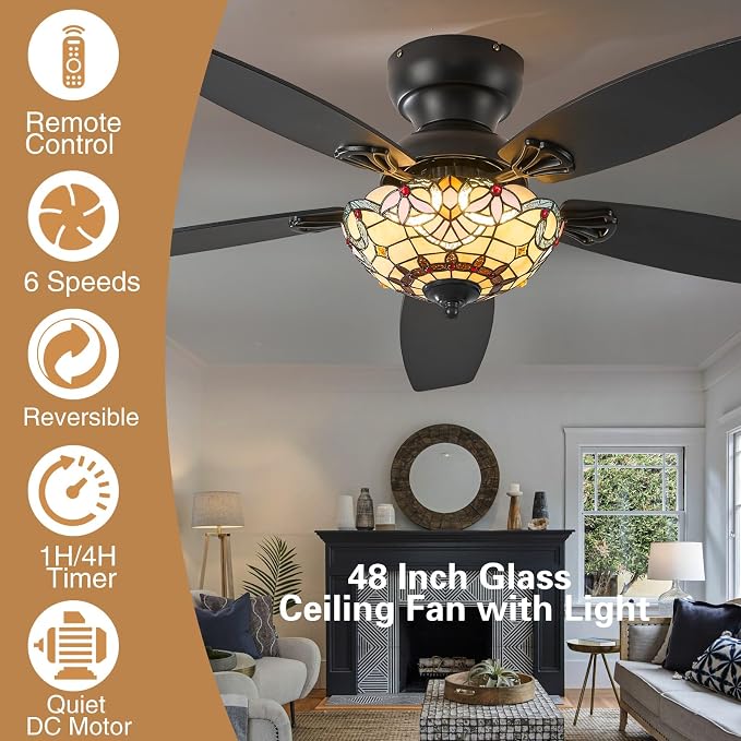 Tiffany Ceiling Fans with Lights-48"Ceiling Fan Chandelier and Glass Shade | 48" Ceiling Fan Chandelier with 5 Dual-Blades and Glass Shade, 6 Speeds and Reversible, Indoor and Outdoor, Retro Style