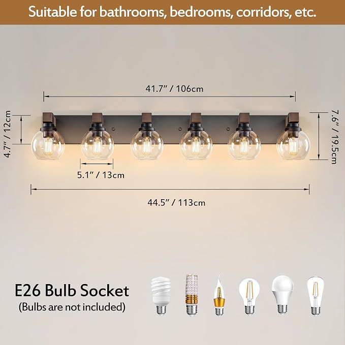 LmnLvn Bathroom Light Fixtures, Farmhouse Wood & Metal with Globe Glass | 6-Light Rustic Vanity Lights,Easy To Install, Mounted Over Mirror for Bathroom, Bedroom & Hallway