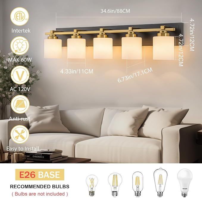 Modern Bathroom Light Fixtures Over Mirror, Vanity Lights for Bathroom Wall Sconces with Milky White Glass Shades, E26 Socket (Bulbs Not Included), 5 Light, Black Gold