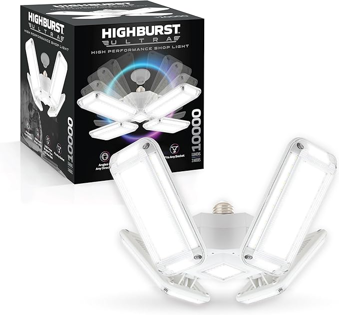 Bell+Howell HighBurst Ultra LED Garage Light Bulb – 10,000 Lumens, Super Bright Screw-in Ceiling Light - Adjustable Multi-Panel Design, for Garage, Shop, Basement, Attic – As Seen on TV