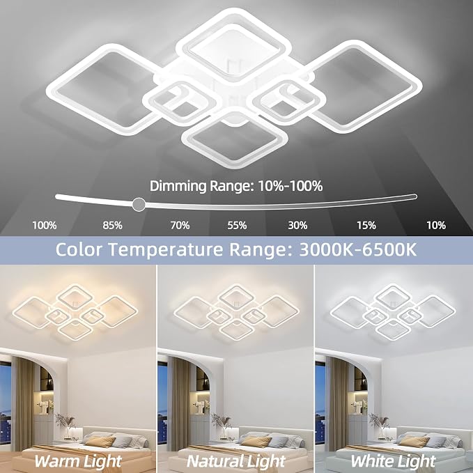 Smart LED Ceiling Light, 36.2″ Square Flush Mount Fixture, 6+1 Ring Modern Design, 130W Dimmable Acrylic Light with Remote, WiFi Alexa & App Control for Bedroom Living Room Dining Room (White)