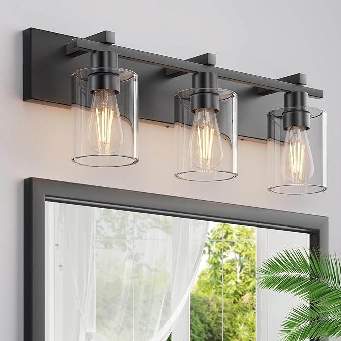 Espird Bathroom Vanity Light,3 Light Matte Black Light Fixture with Thickened Clear Glass Shade, 21 inch Modern Wall Sconce, Bathrooms Vanity Light Over Mirror for Bathroom