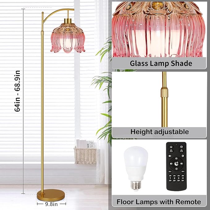 ILLMTW Pink Floor Lamp for Living Room,Bedroom,Glass Mid Century Modern Standing Lamp with Remote,Dimmable Gold Brass Tall Lamp Tulip Flower Arc Floor Light Boho Bohemian