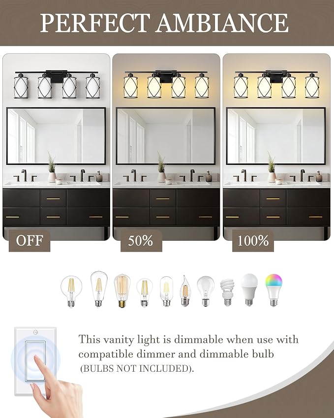 4-Light Black Bathroom Light Fixtures with Milk White Frosted Glass, 29" Modern Bathroom Vanity Lighting Fixtures Over Mirror with Metal Cage, Wall Sconce Lights for Bath, E26, CH9176BKW-4W