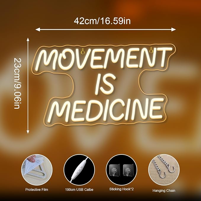 Movement Is Medicine Neon Sign Gym Light Up Home Fitness Club LED Exercise Neon Signs for Wall Decor in Sports Room Party Bar LED Warm White Letters Sign in Home Gym Decor Art Gifts for Adult