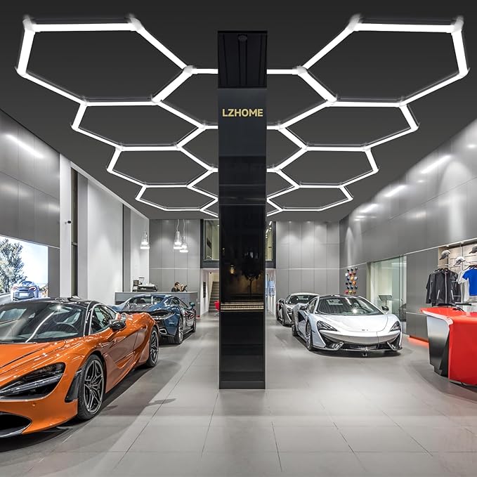 Hexagon Garage Light Fixture 48 Packs: 52800LM Super Bright Honeycomb Led Ceiling Lights, 5000K Natural White, Hexagon Light for Garage Basement Warehouse Gym Car Detailing Shop etc