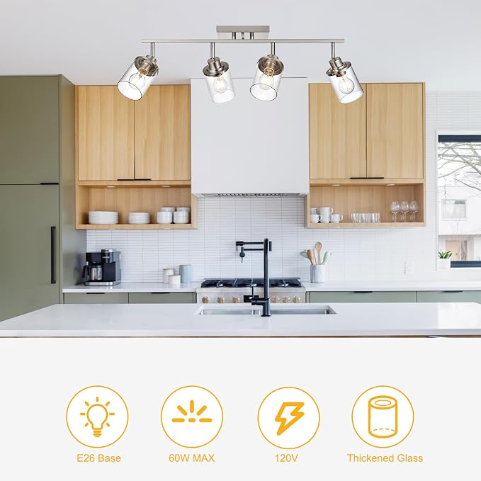 Yaohong 4-Light Track Lighting Kit Brushed Nickel Track Lighting Fixtures, Bathroom Wall Light Ceiling Mount Rotatable Spotlights, Kitchen Ceiling Light Fixtures with Glass Shade for Bathroom Hallway
