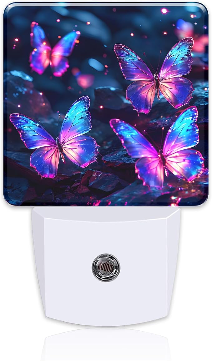 Glowing Purple Butterflies Night Light Plug into Wall, Neon Butterfly Dusk to Dawn Night Light,0.5w Energy Saving Sleep Friendly Nightlights for Kids Boys Girls Home Decor