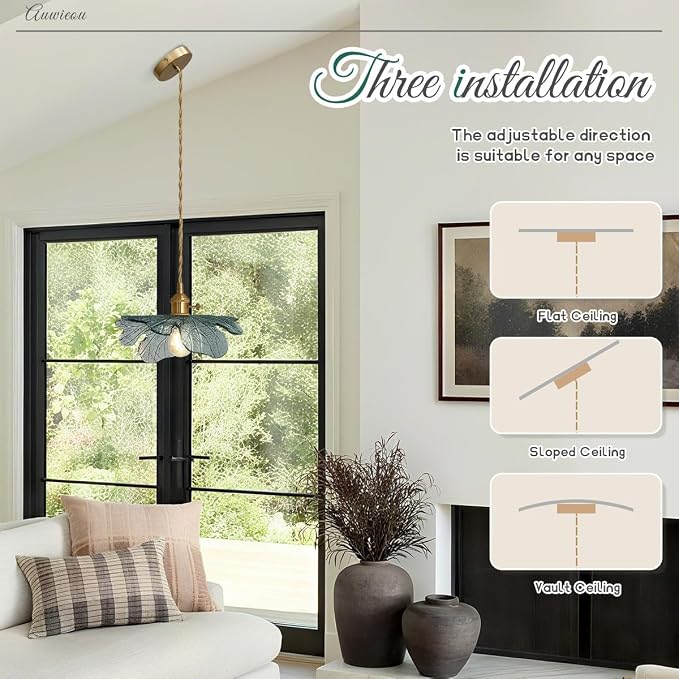 Gold Pendant Light Set of 2, Modern Hanging Ceiling Fixture with Dark Green Hand Blown Flower Glass Shade for Kitchen Island Dining Room Bedroom