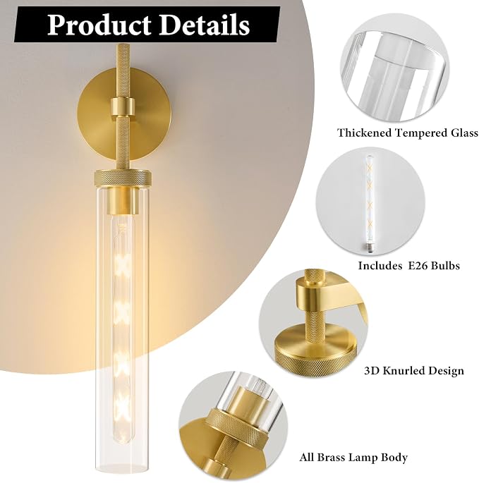 Brass Knurled Tube Wall Sconce - Luxury Modern Glass Sconces with Bulbs - Vertical Mounted Light Fixture - Gold Dimmable Indoor Lighting for Vanity Mirror Bathroom Bedroom Living Room Hallway