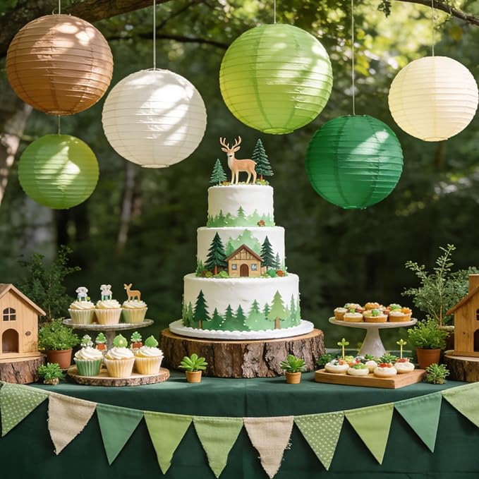 Earth-Tone Paper Lanterns Set (12 Pcs) - 6/8/10 Inch Hanging Lanterns for Jungle/Dinosaur/Rugby Parties, Birthdays & Home Decor（Teal, Coffee, Sage Green, Khaki, White）