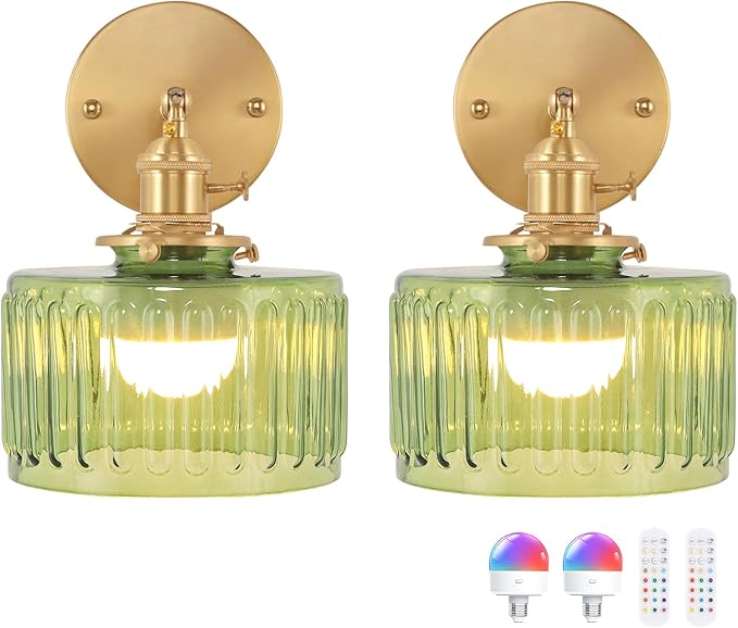 Shenmoyl Vintage Battery Operated Wall Sconce with Green Striped Glass Lampshade 5000 mAh Rechargeable Battery Powered Wall Light with Remote Control for Bedside Bedroom Doorway, Set of 2