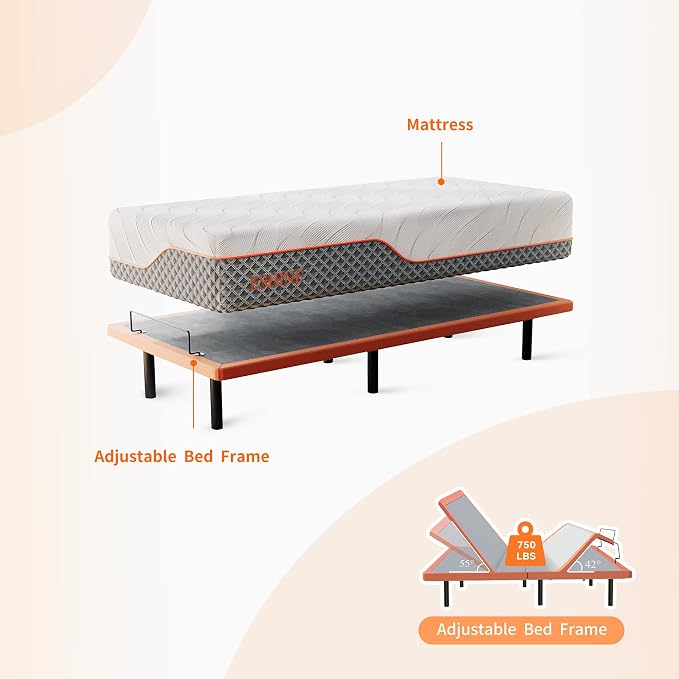 ESHINE Split King Adjustable Bed with 12" Hybrid Matt, 3000 Series | Luxury Memory Foam(Medium), Upholstered Bed Frames with Massage, Wireless Remote, Under Bed Night Light, Head/Foot Incline