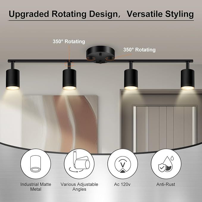 AUQUEE 4 Light Track Lighting Fixtures Ceiling, Black Kichen Track Lighting Fixtures with Rotatable Light Heads, Foldable Lamp Arms, Modern LED Track Lights for Kitchen/Hallway, No GU10 Bulb