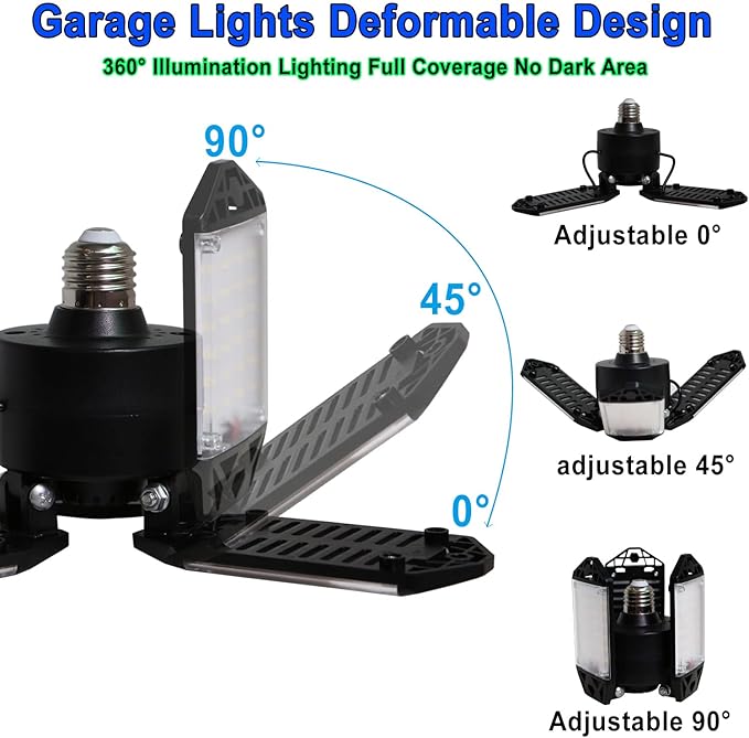 LED Garage Light, 80W 8000 Lumen Ceiling Lights with 3 Adjustable Panels, 6500K Daylight Light Bulb Fixture LED Lights for Garage, Workshop