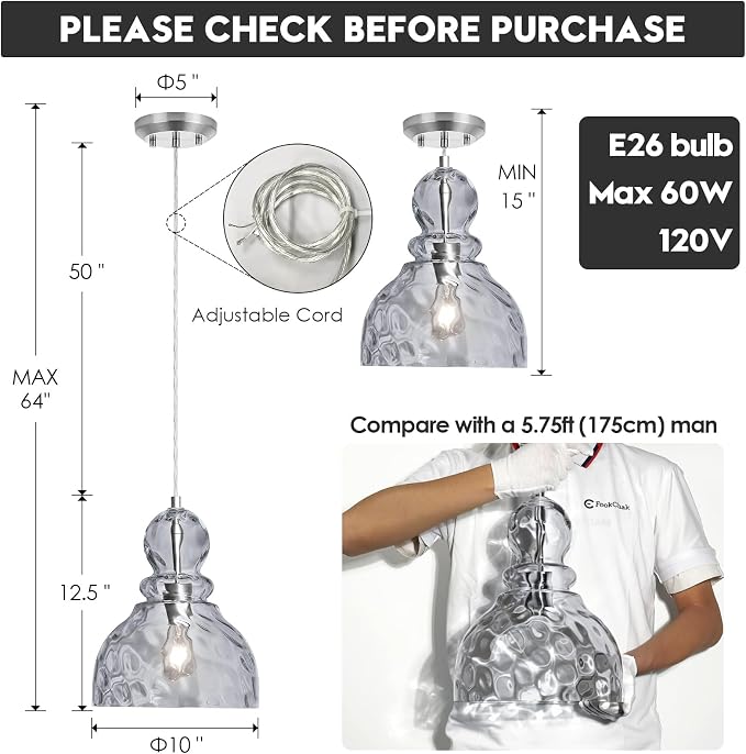Hammered Glass Pendant Light Smoked Grey Kitchen Island Lights 10in Large Chrome Pendant Hanging Light for Dining Room Kitchen Sink Hallway Entrance, E26
