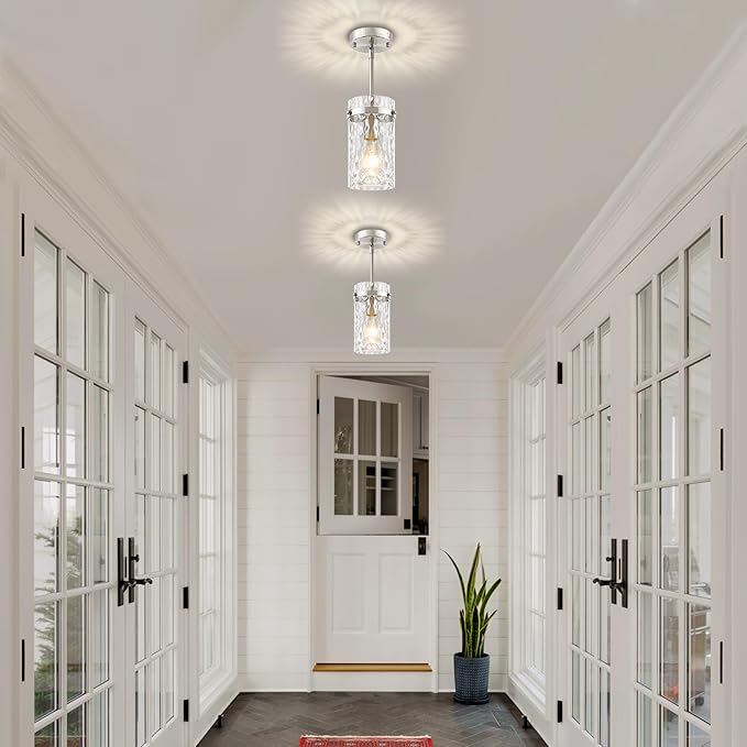 3 Pack Brushed Nickel Pendant Lights Kitchen Island, Modern Hammered Glass Pendant Lighting Over Island Hanging Bathroom Light Fixtures Adjustable Mini Pendant Light for Hallway Entryway Dining Room