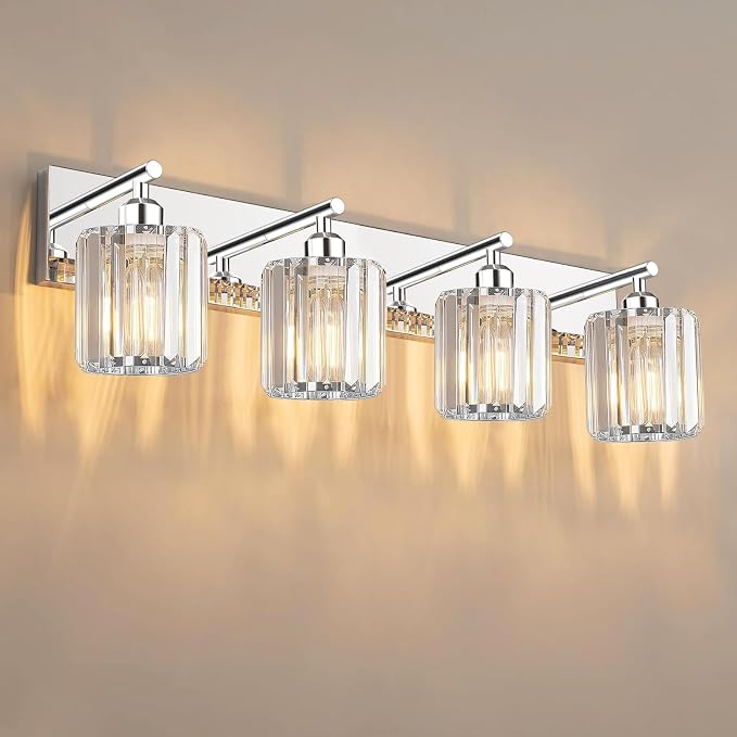 Brushed Chrome Crystal Bathroom Vanity Light, 4-Light Modern Bathroom Lighting Fixtures Over Mirror,Chrome Wall Sconce Light Fixtures with Round Shade