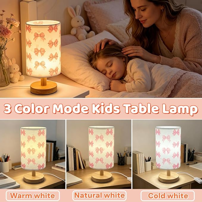 Pink Bow Bedside Table Lamp for Bedroom,Kids Room Decorative Lights 3 Colors LED Nightstand Night Light Lamps with Linen Lampshade Desk Lamp for Girls Boys Birthday Gifts for Home Living room Decor