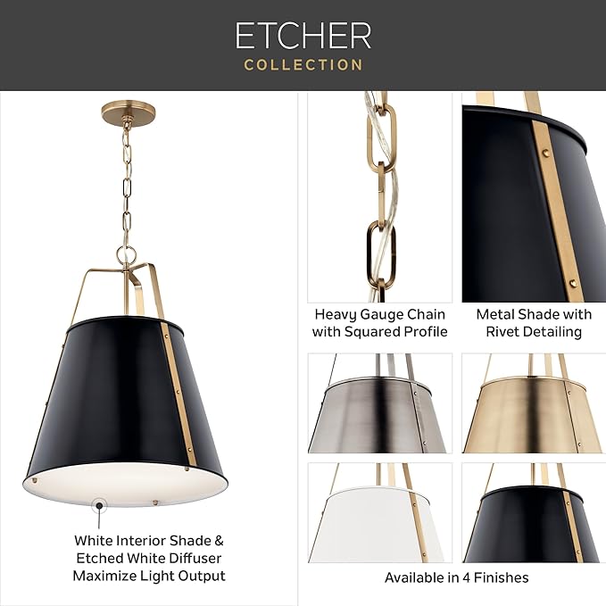 Kichler Etcher 1-Light Pendant, Updated Traditional Light with Etched Painted White Glass Diffuser in Classic Pewter, for Kitchen or Dining Room (17" x 13"), 52710CLP