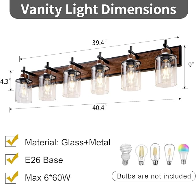 6-Light Farmhouse Bathroom Light Fixtures Vintage Bathroom Vanity Lights Over Mirror Black and Wood Painted Metal Vanity Light for Bathroom with Glass Shades E26 Socket