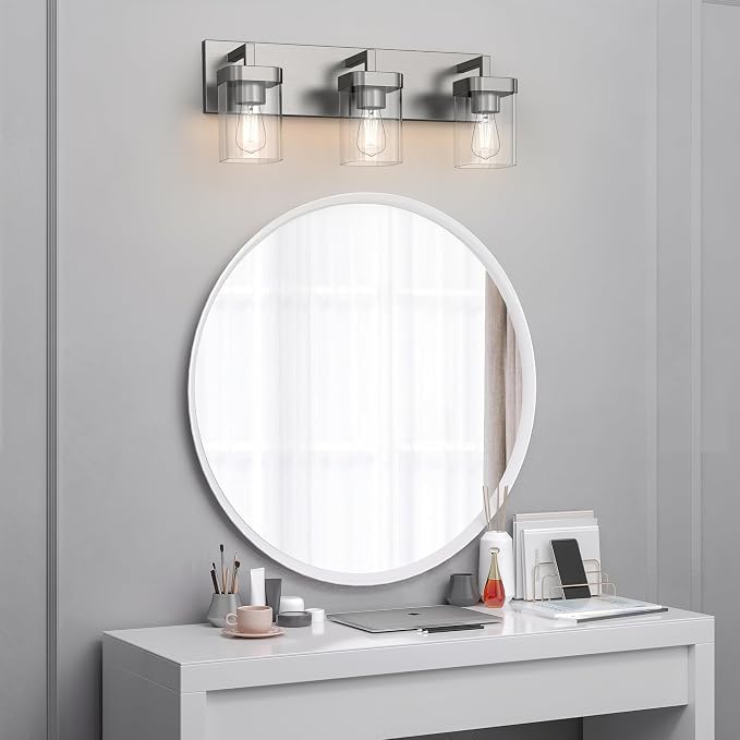 3-Light Bathroom Light Fixtures, Brushed Nickel Vanity Lights for Bathroom, Kitchen, Living Room, Modern Bathroom Vanity Lights with Clear Glass Shades