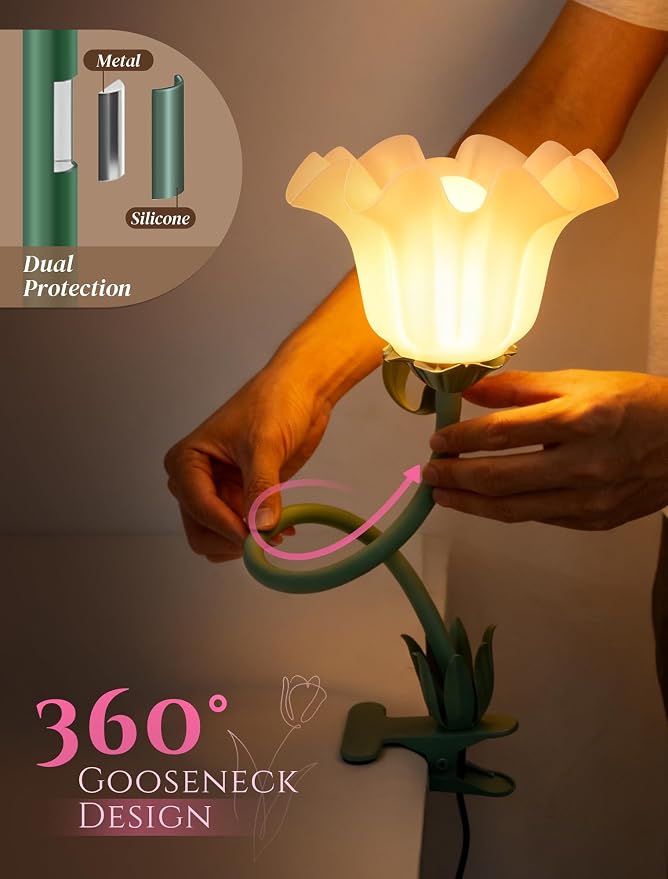 Clip On Flower Lamp for Bedroom, Aesthetic Bedside Reading Light with Flexible Gooseneck, 3 Color Modes Cute Desk Lamp Decor for Dorm Room, Headboard, Nightstand and Home Office