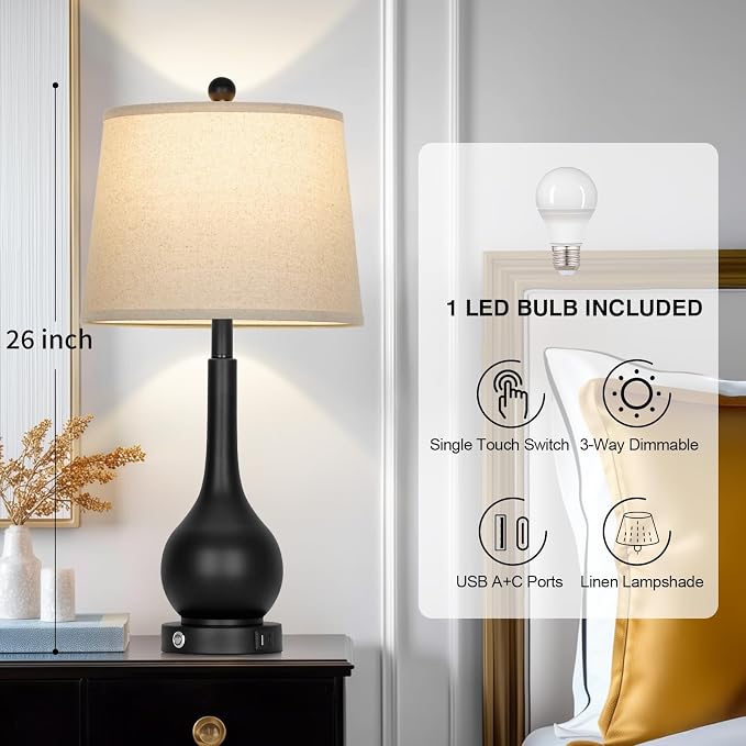 26" Black Table Lamp for Living Room Single, Touch Control Bedroom Lamps for Nightstand, 3-Way Dimmable Bedside Lamp with USB A+C Port (1 Pack)