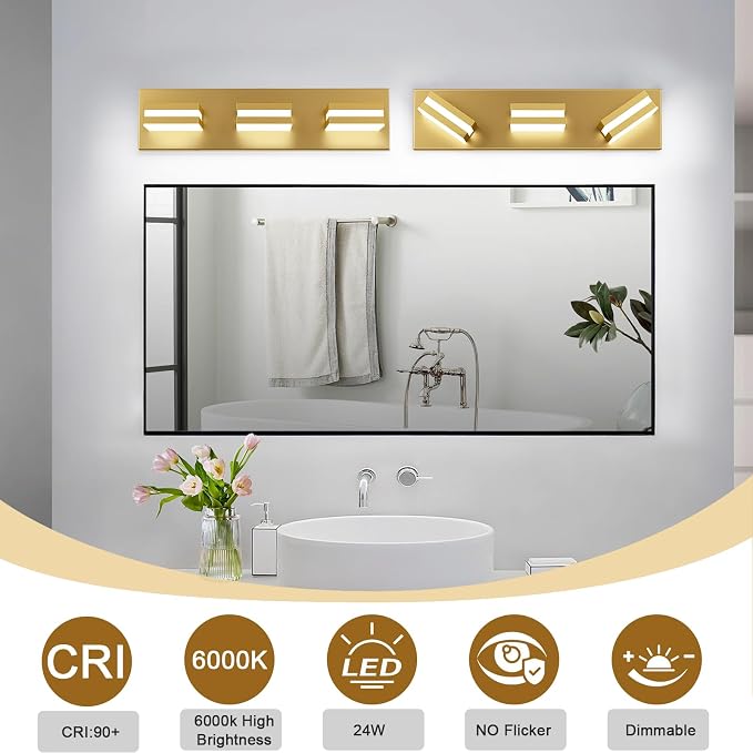 IZORRO LED Modern Bathroom Lights Fixtures(3-Light,Dimmable,360°Rotate),Brushed Glod Acrylic Wall Lighting,Vanity Lights for Bathroom Over Mirror - 6000k 16In （No Assembly Required）