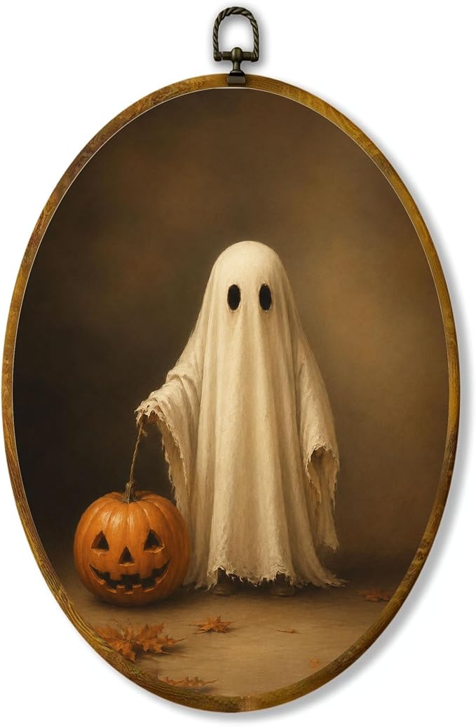 Ghost Pumpkin Oval Wall Art, Framed Canvas Decor, 8.5x11.5 Inch | Classic white ghost with jack o lantern pumpkin, rustic vintage Halloween decor