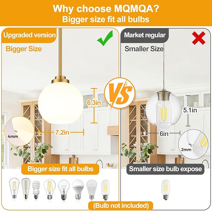 1 Pack 7.2-Inch Globe Pendant Lights, Mid Century Gold Pendant Light Fixtures, Globe Pendant Lights Kitchen Island with Milk Glass Shade Adjustable Hanging Fixture for Dining Room (Bulbs not Included)