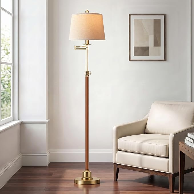 Vintage Floor Lamp for living room, Walnut Gold Farmhouse Standing Lamp with 350° Swivel Swing Arm, 56.6''-66'' Mid Century Modern Height Adjustable Tall Lamp for Bedroom Office(LED Bulb Included)