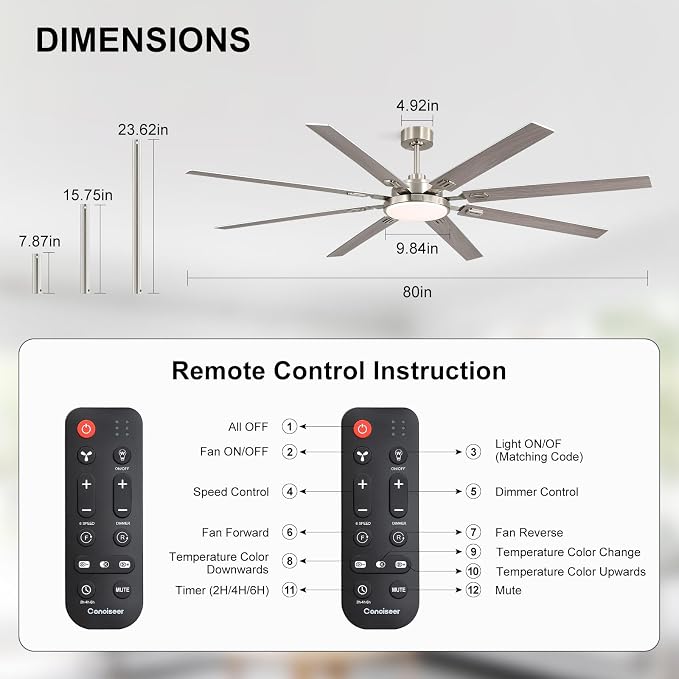 80 Inch Ceiling Fans with Lights and Remote, Bedroom Living Room Office Library Cafe Outdoor Industrial, 5CCT Dimmable, Dual Color 8 Blades, 6 Speed Reversible Quiet DC Motor, Sand-nickel/Wood Grain
