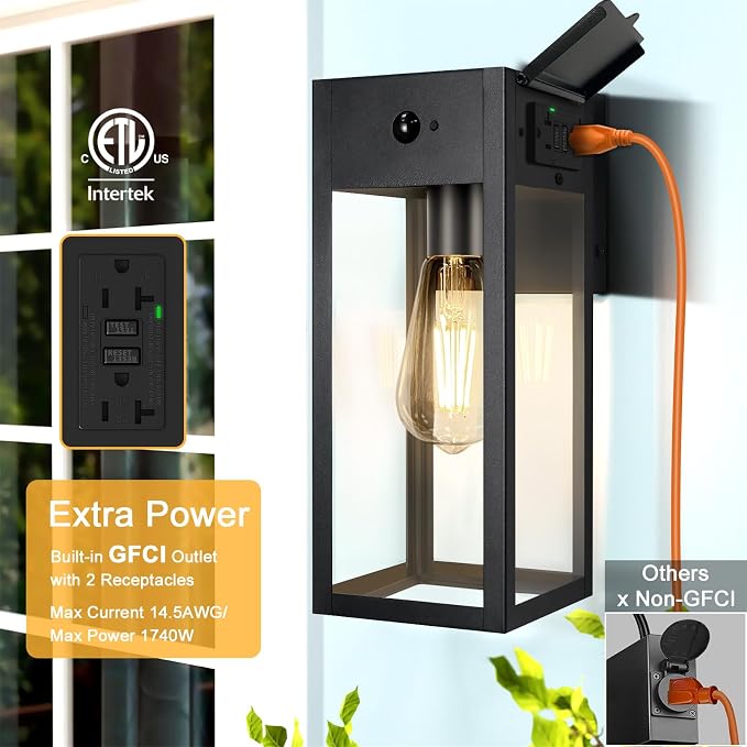 Porch Lights with GFCI Outlet, 2-Pack Motion Sensor Outdoor Lights | Dusk to Dawn, Anti-Rust, Waterproof, Tempered Glass, Easy Installation, E26 Socket, Exterior Lighting for Patio Garage, Black