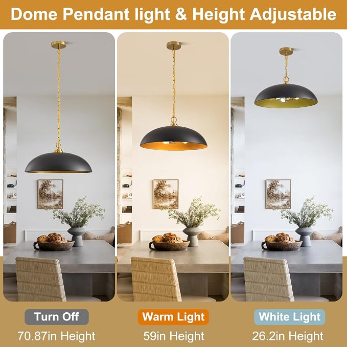 20in Black and Gold Dome Pendant Light, Large 3-Light Chandelier | Industrial Matte Black Oversized Pendant Light Fixture Ceiling Hanging Lamp for Kitchen Island Dining Room Over Table 1 Pack