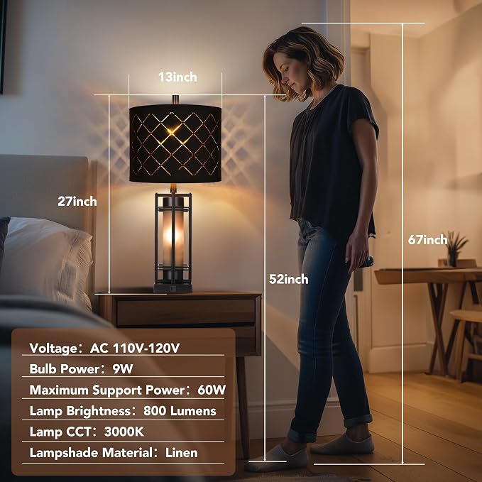 WIHTU 27'' Modern Table Lamp Set of 2 with Nightlight, Metal Bedside Lamps | Black Grid Shade, Square Base, 2 LED Bulbs Included, E26 Base, with USB Port, Rocker Switch, Nightstand Lamps for Bedroom