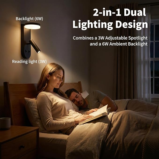 Wall Mounted Reading Lights for Bedroom - Independent Switch, 350° Adjustable Bedside Lamps Set of 2, Hardwired Installation LED Wall Sconces for Living Room, Study Room (Black, 8.65")